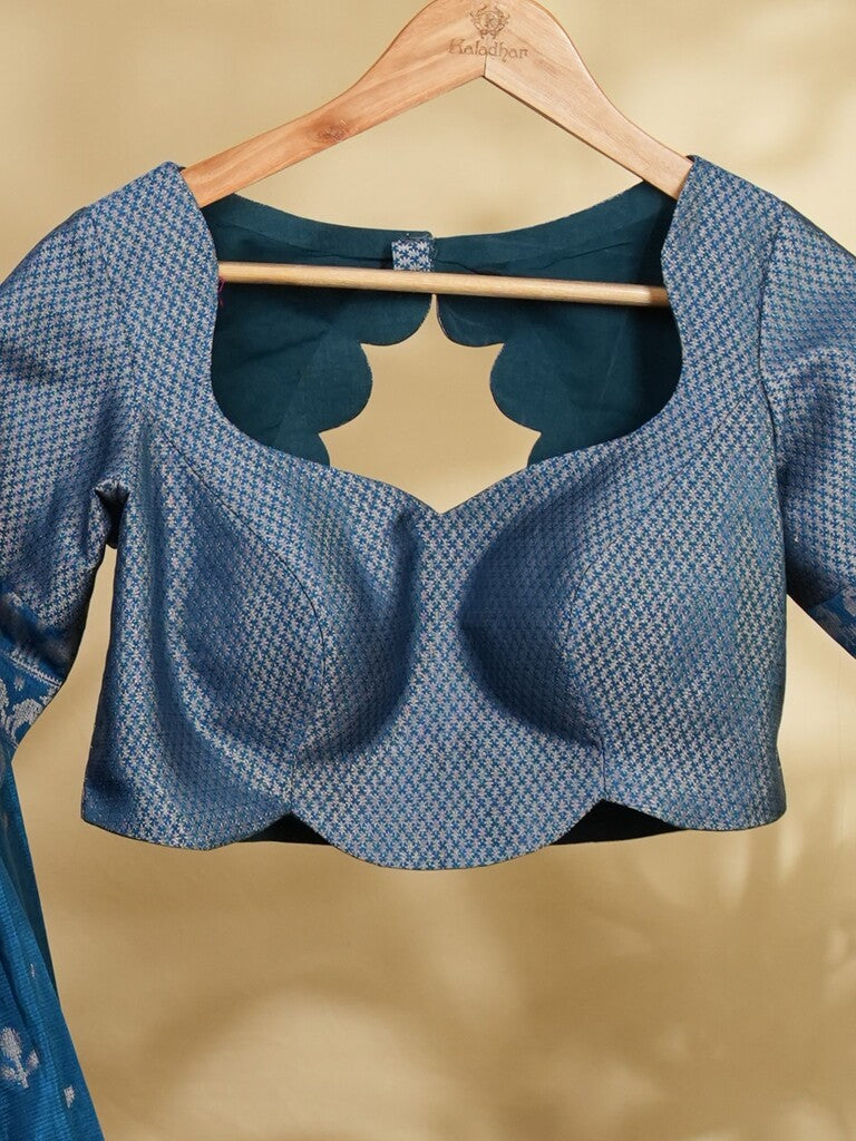 Raw mango lehenga set in peacock blue color with elegant weaving | Ready to wear