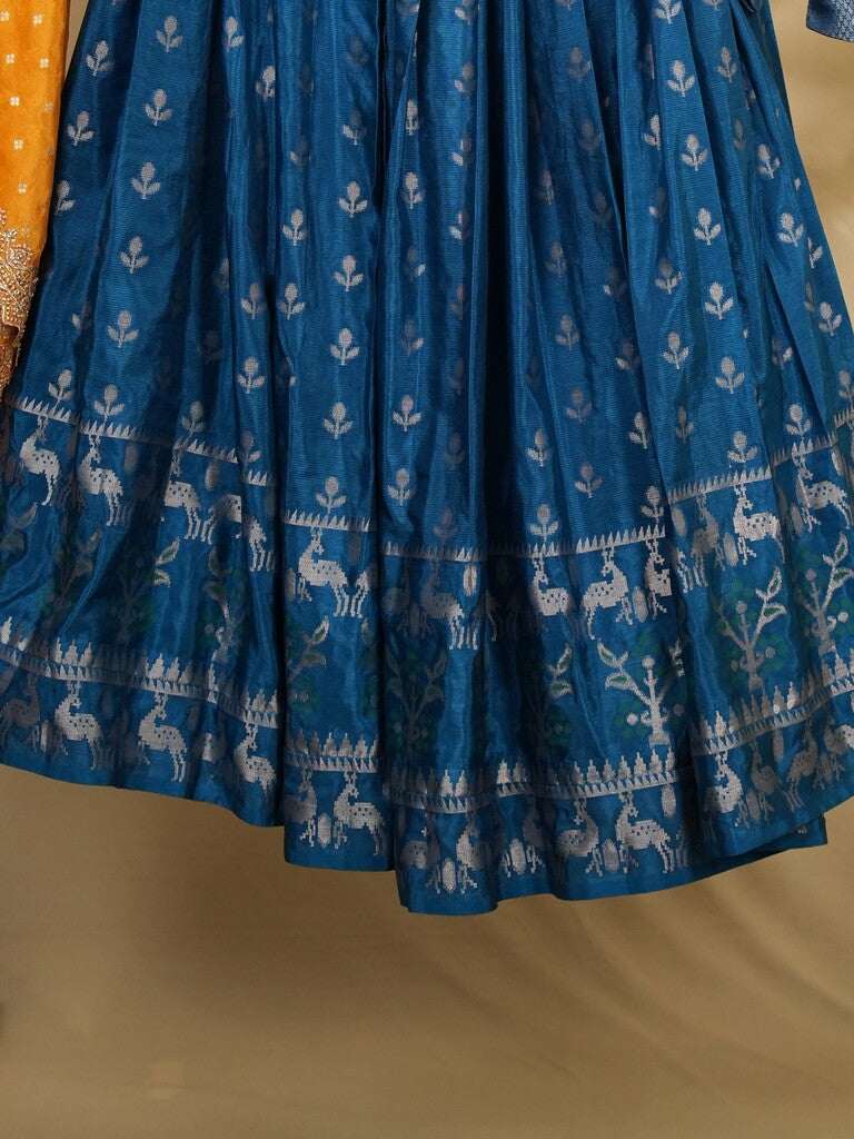 Raw mango lehenga set in peacock blue color with elegant weaving | Ready to wear