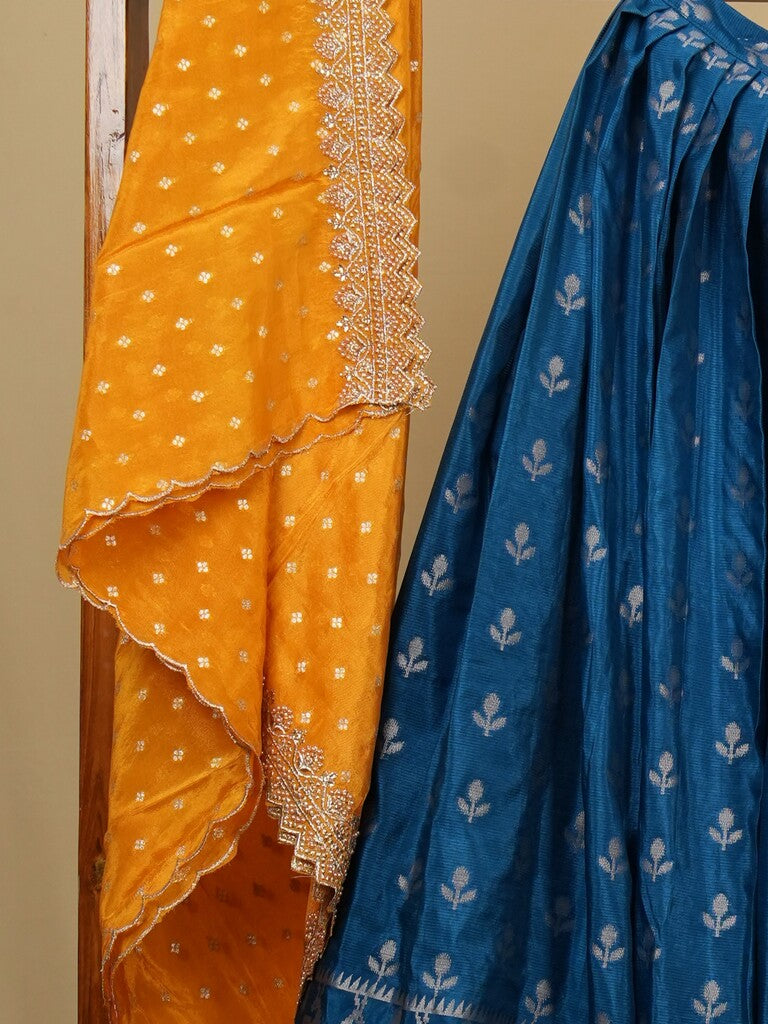Raw mango lehenga set in peacock blue color with elegant weaving | Ready to wear