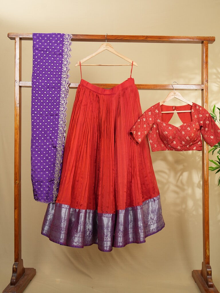 Classy mangalagiri lehenga set in an elegant style in red color with fine zari border | Ready to wear
