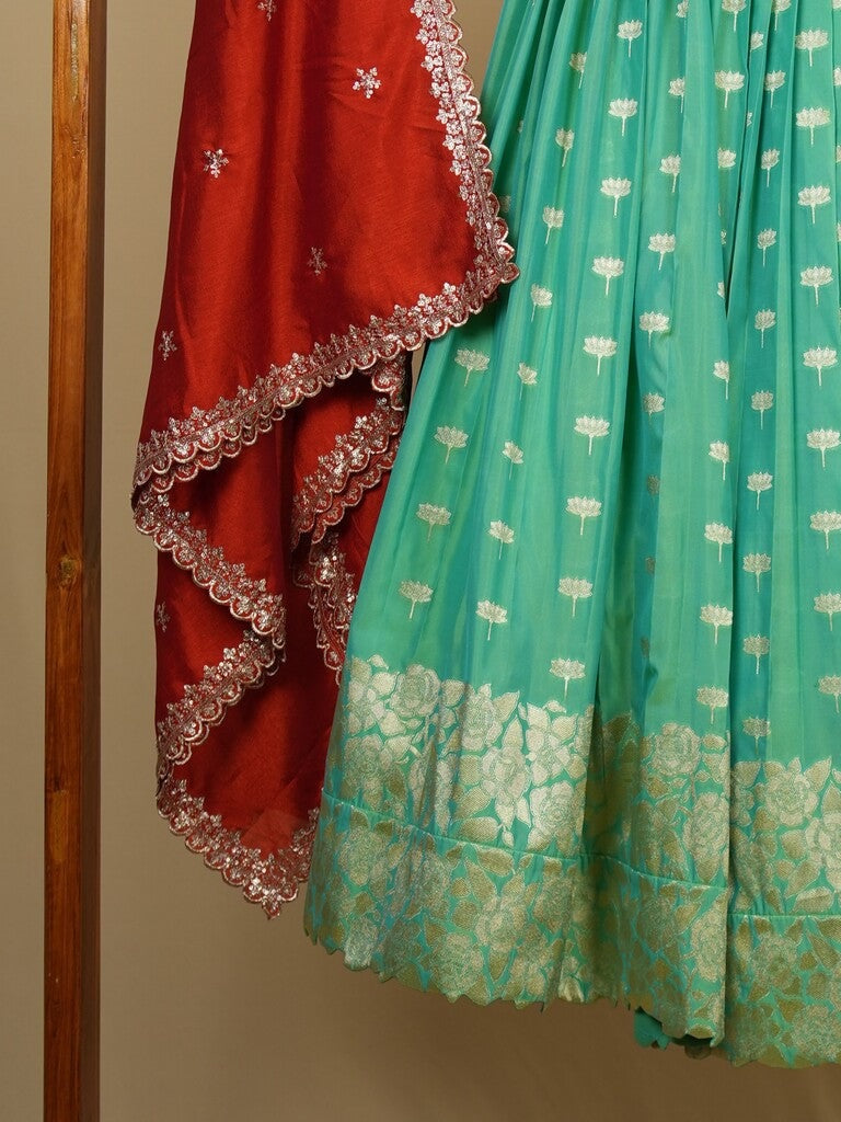 Classy banaras lehenga set in lux green featuring rich weaves with fine zari border | Ready to wear