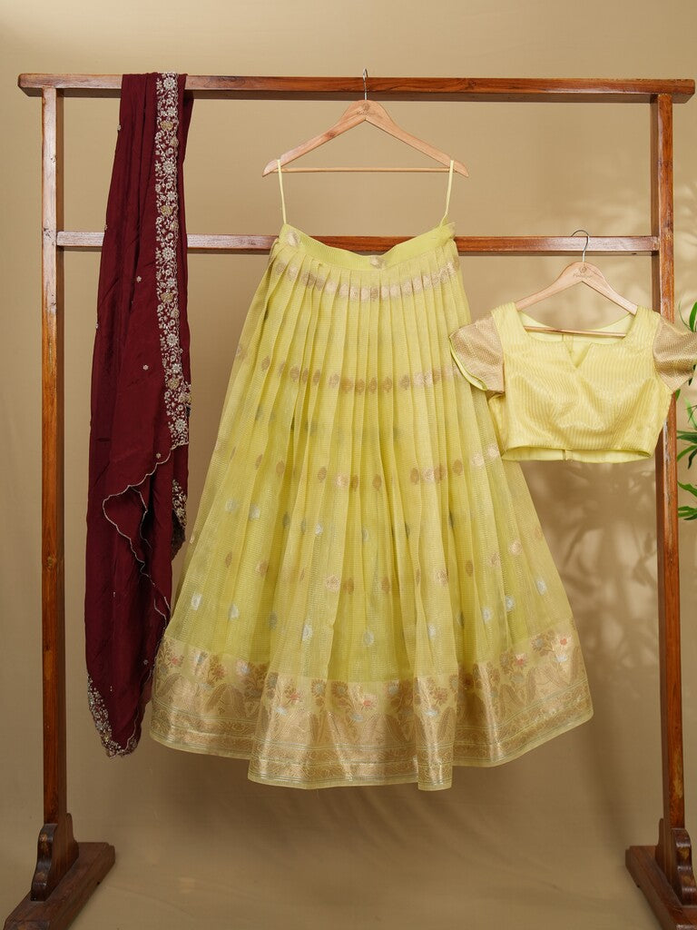 Classy light yellow chanderi lehenga set with self-blouse and elegant border |Ready to wear