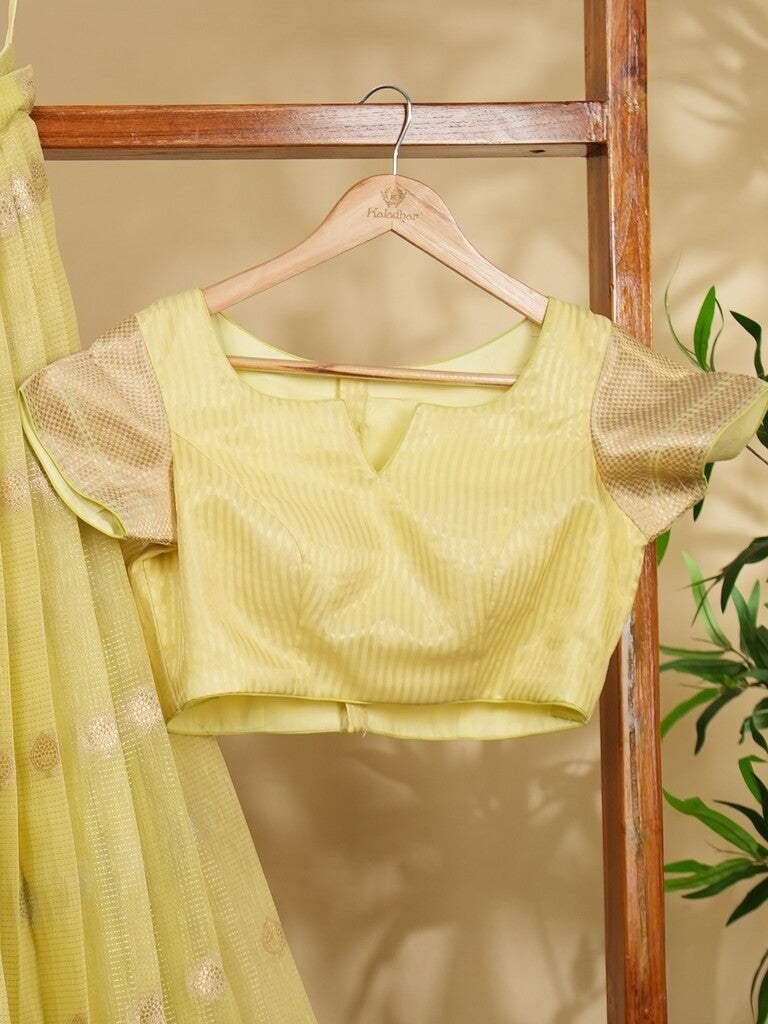 Classy light yellow chanderi lehenga set with self-blouse and elegant border |Ready to wear