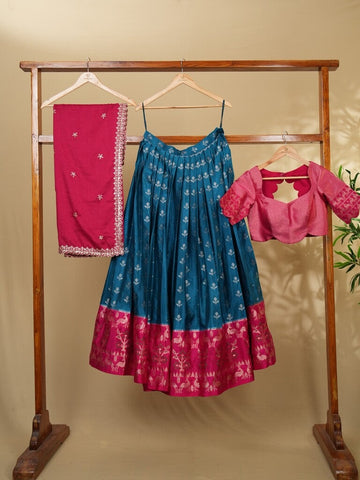 Classy raw mango silk lehenga set in peacock blue with allover zari motifs with fine zari border | Ready to wear