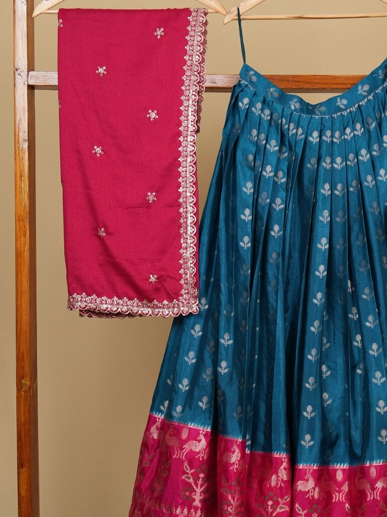 Classy raw mango silk lehenga set in peacock blue with allover zari motifs with fine zari border | Ready to wear