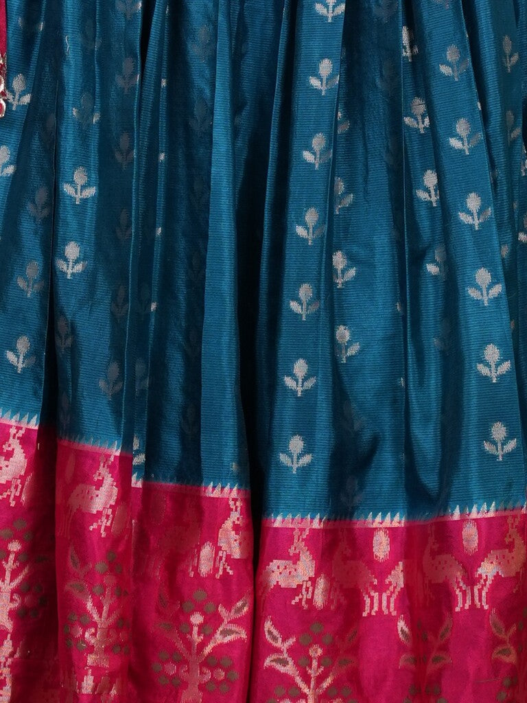 Classy raw mango silk lehenga set in peacock blue with allover zari motifs with fine zari border | Ready to wear