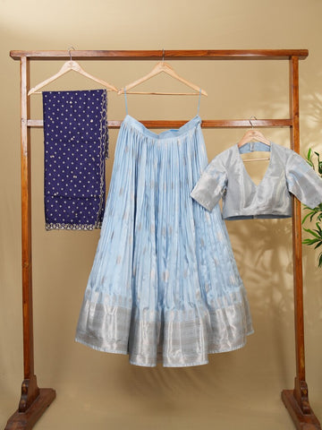 Classy mangalagiri lehenga set in an elegant style in light blue color with fine zari border | Ready to wear