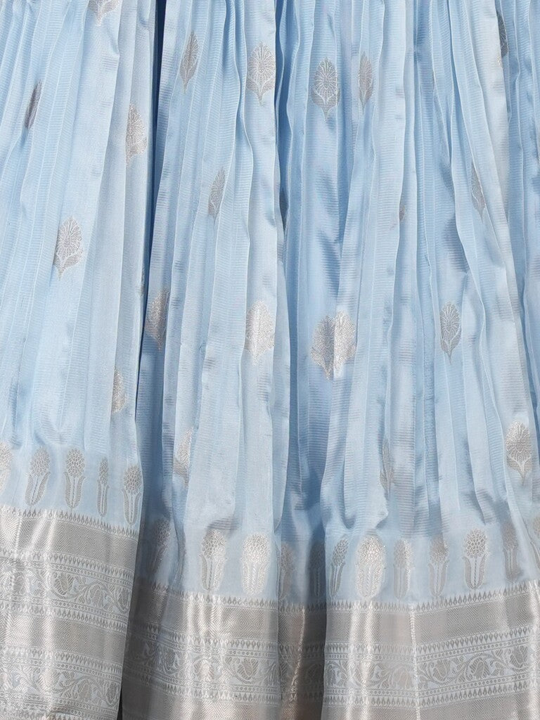 Classy mangalagiri lehenga set in an elegant style in light blue color with fine zari border | Ready to wear