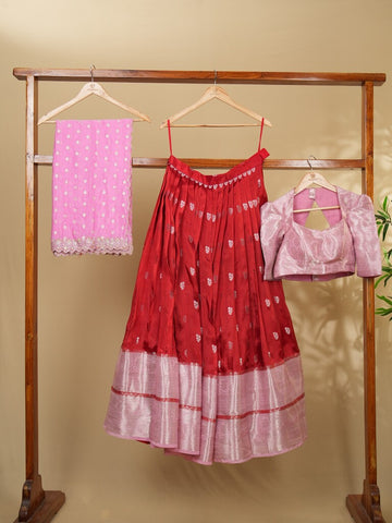 Raw mango lehenga set in red color with elegant weaving | Ready to wear