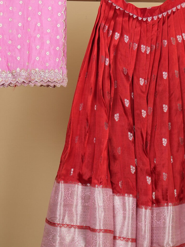 Raw mango lehenga set in red color with elegant weaving | Ready to wear