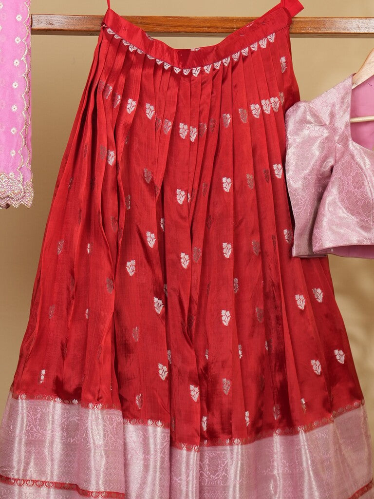 Raw mango lehenga set in red color with elegant weaving | Ready to wear