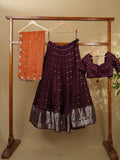 Raw mango lehenga set in dark wine color with elegant weaving | Ready to wear