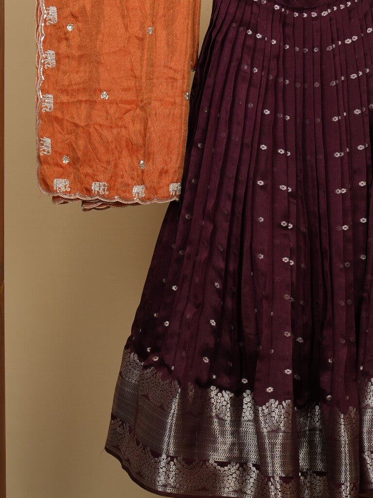Raw mango lehenga set in dark wine color with elegant weaving | Ready to wear