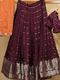 Raw mango lehenga set in dark wine color with elegant weaving | Ready to wear