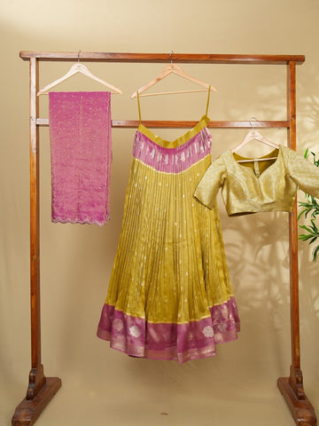 Dola tissue lehenga in golden yellow color with fine weaving pattern | Ready to wear