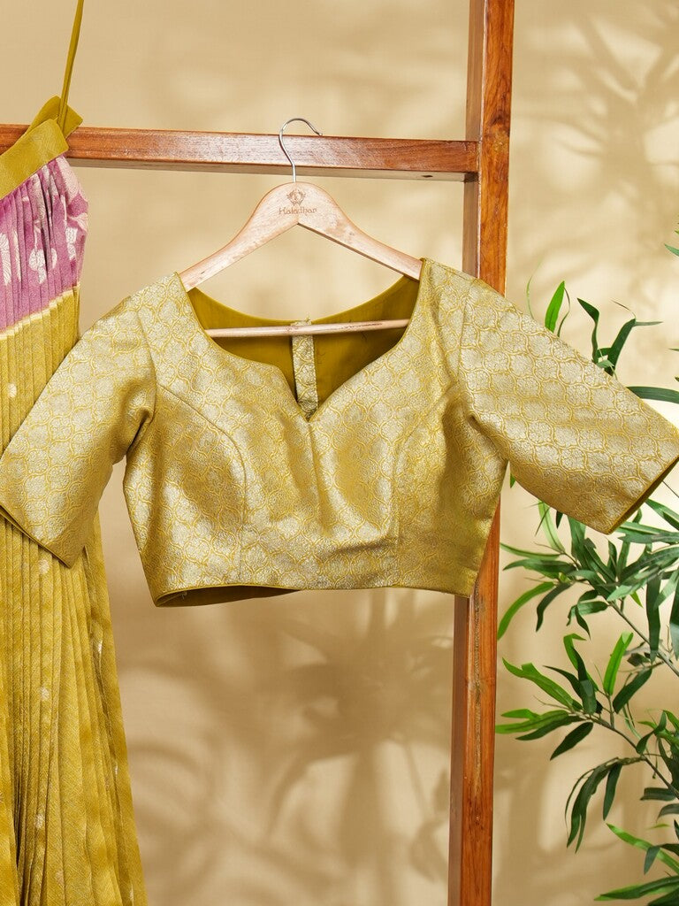 Dola tissue lehenga in golden yellow color with fine weaving pattern | Ready to wear