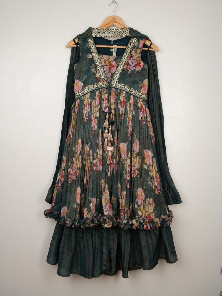 Dola tissue dark green floral sharara dress for kids | Pretty party & festive outfit