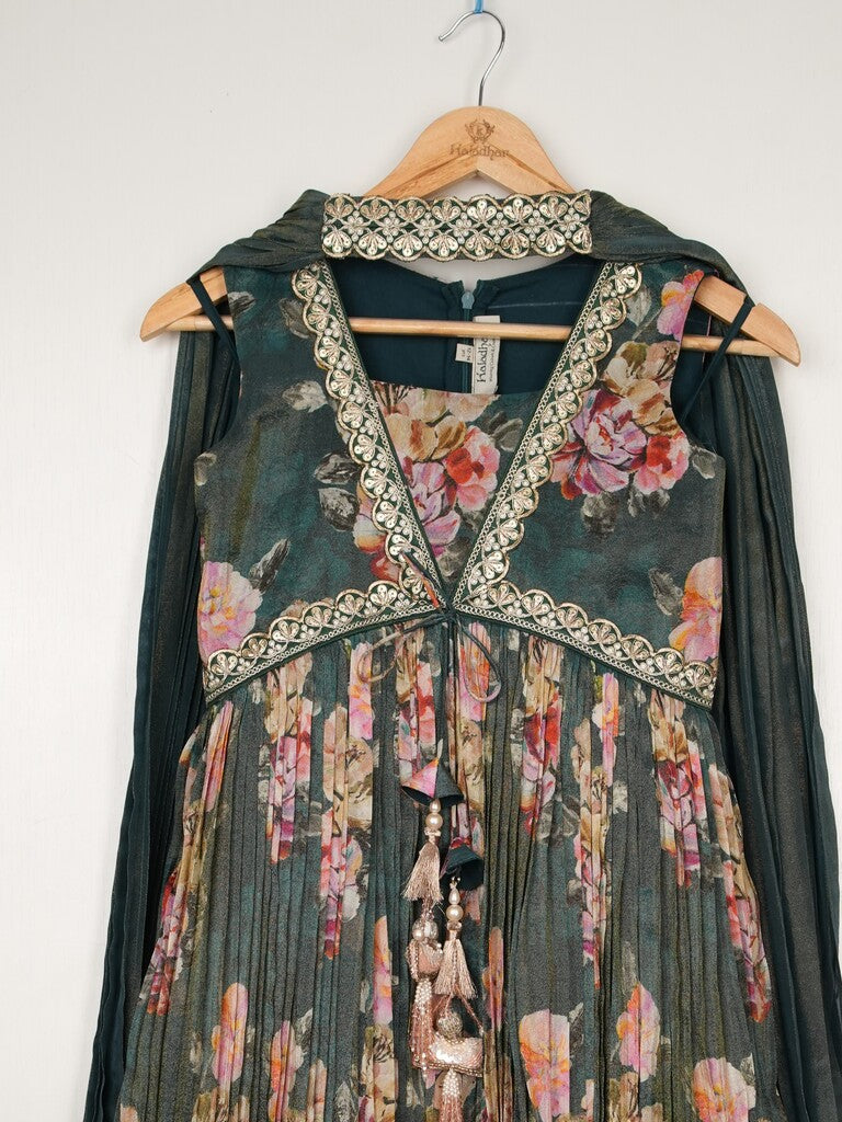 Dola tissue dark green floral sharara dress for kids | Pretty party & festive outfit