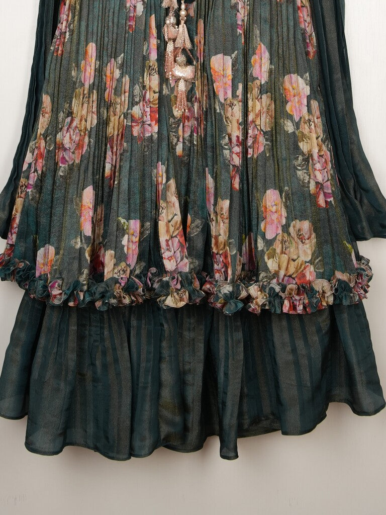 Dola tissue dark green floral sharara dress for kids | Pretty party & festive outfit