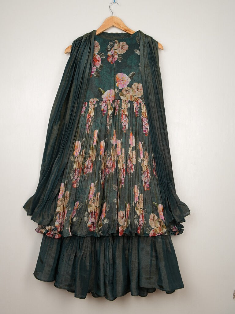 Dola tissue dark green floral sharara dress for kids | Pretty party & festive outfit