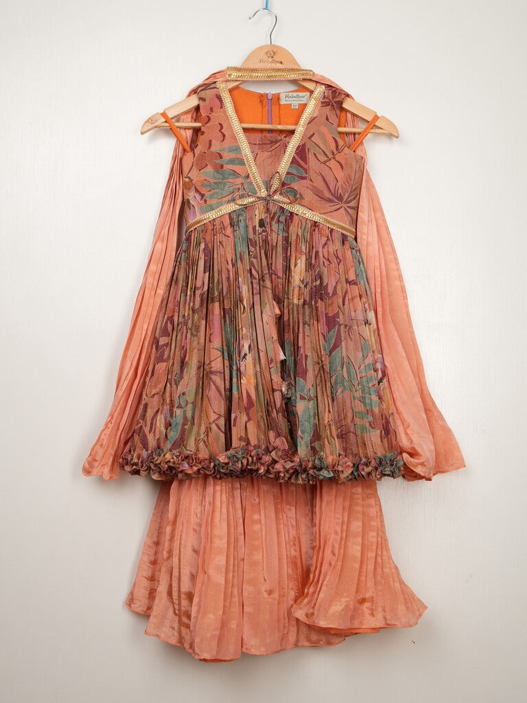 Dola tissue peach color floral sharara dress for kids | Pretty party & festive outfit