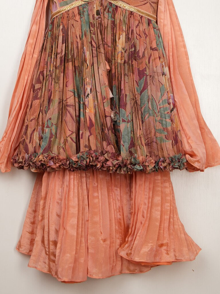 Dola tissue peach color floral sharara dress for kids | Pretty party & festive outfit