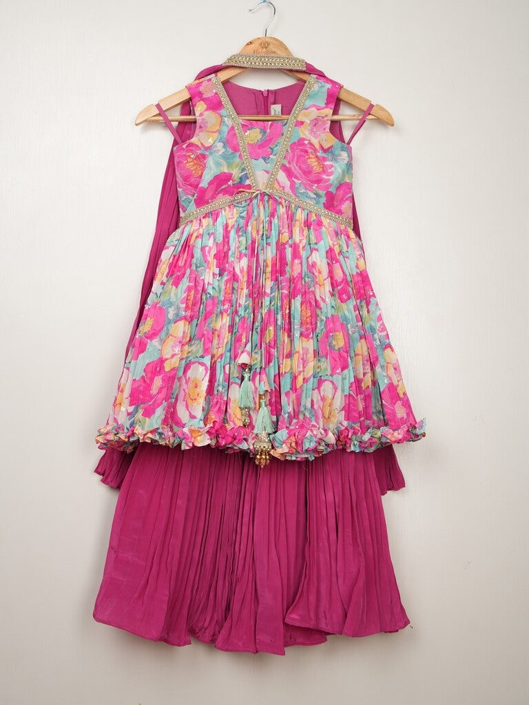 Pretty pink crape floral sharara set for kids | Pretty party & festive outfit