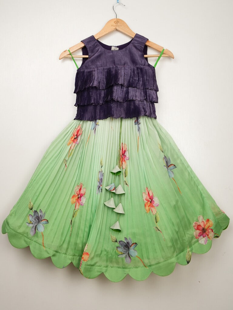 Organza green designer crop top lehenga for girls | Made for little twirls