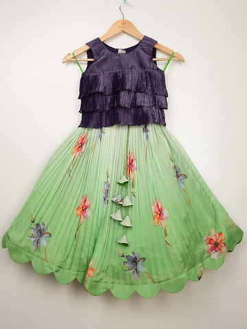 Organza green designer crop top lehenga for girls | Made for little twirls