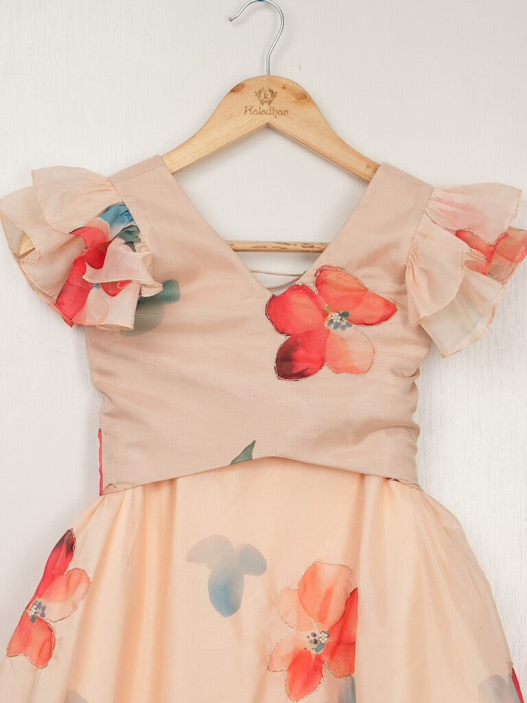 Organza cream color designer crop top lehenga for girls | Made for little twirls