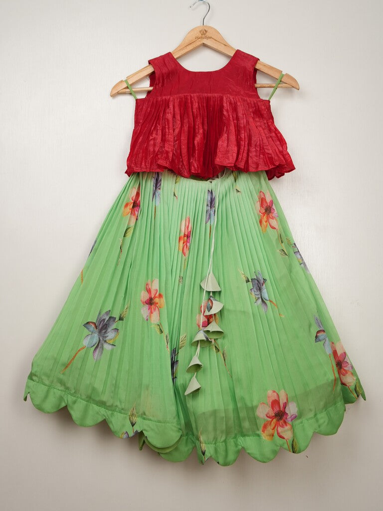 Organza green designer crop top lehenga for girls | Made for little twirls
