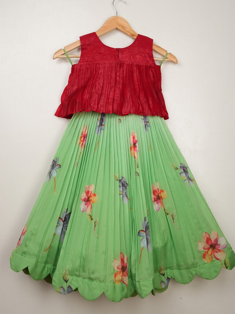 Organza green designer crop top lehenga for girls | Made for little twirls