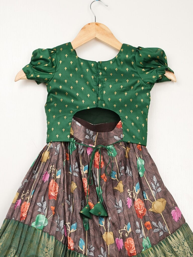 Banaras green printed croptop lehenga for kids | Made for little twirls