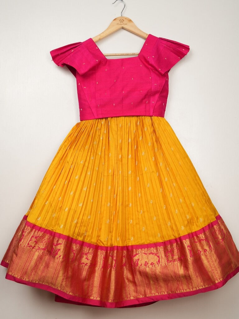 Kanchi pattu yellow color traditional kids lehenga set | Made for little twirls