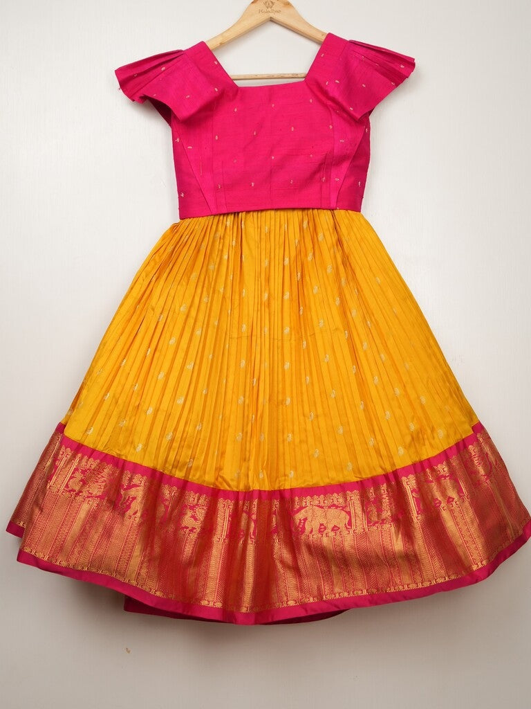 Kanchi pattu yellow color traditional kids lehenga set | Made for little twirls