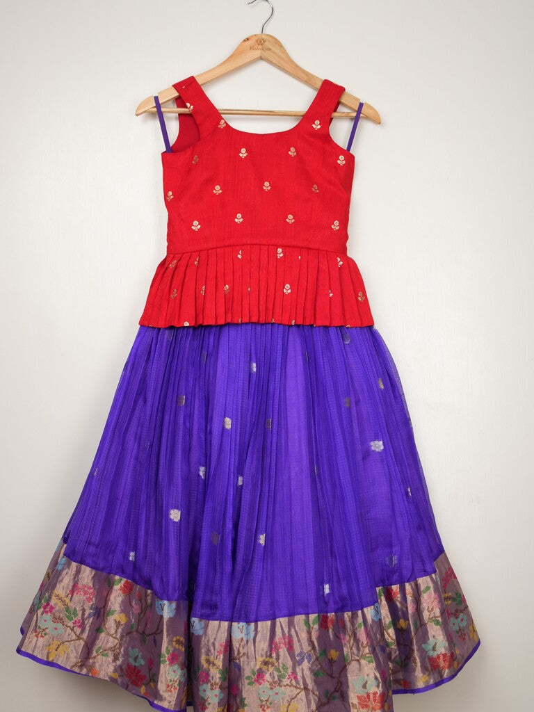 Blue kota silk lehenga paired with raw silk blouse for girls | Made for little twirls