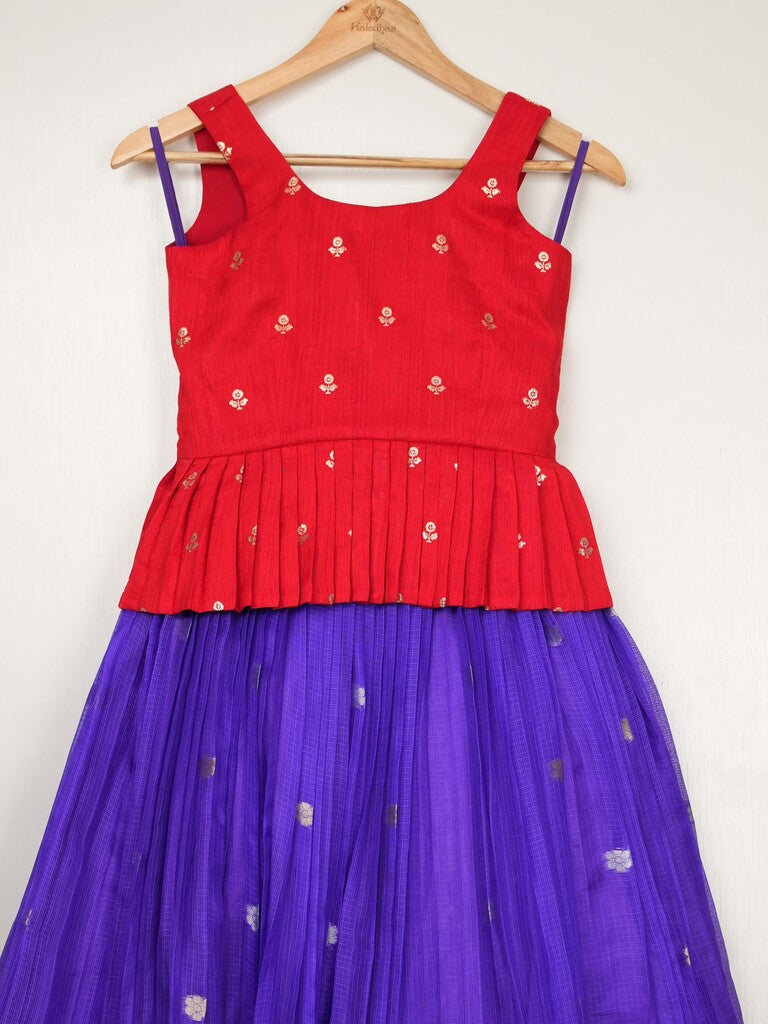 Blue kota silk lehenga paired with raw silk blouse for girls | Made for little twirls