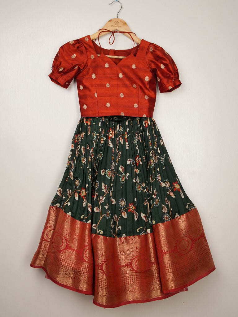 Handcrafted pen kalamkari raw silk kids lehenga | Pure tradition and perfect elegance for your little one.