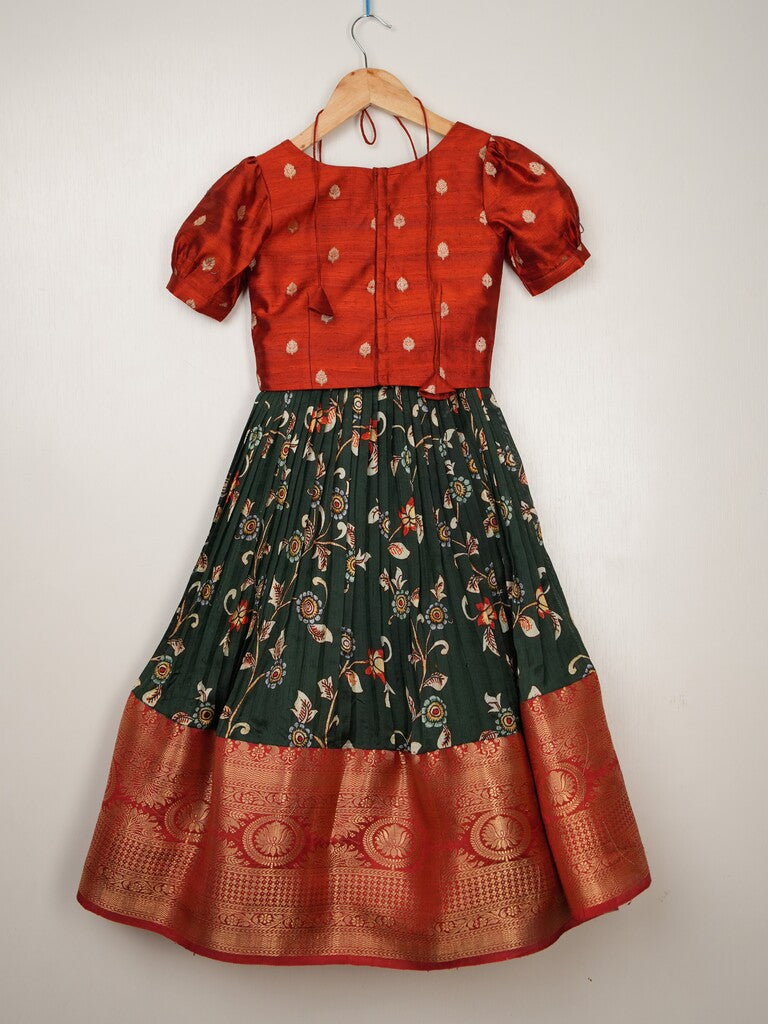 Handcrafted pen kalamkari raw silk kids lehenga | Pure tradition and perfect elegance for your little one.