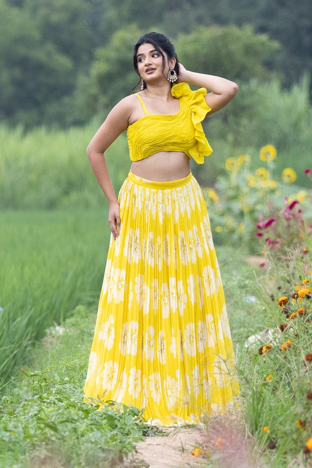 Yellow Viscose organza top & Printed georgette lehenga with handwork