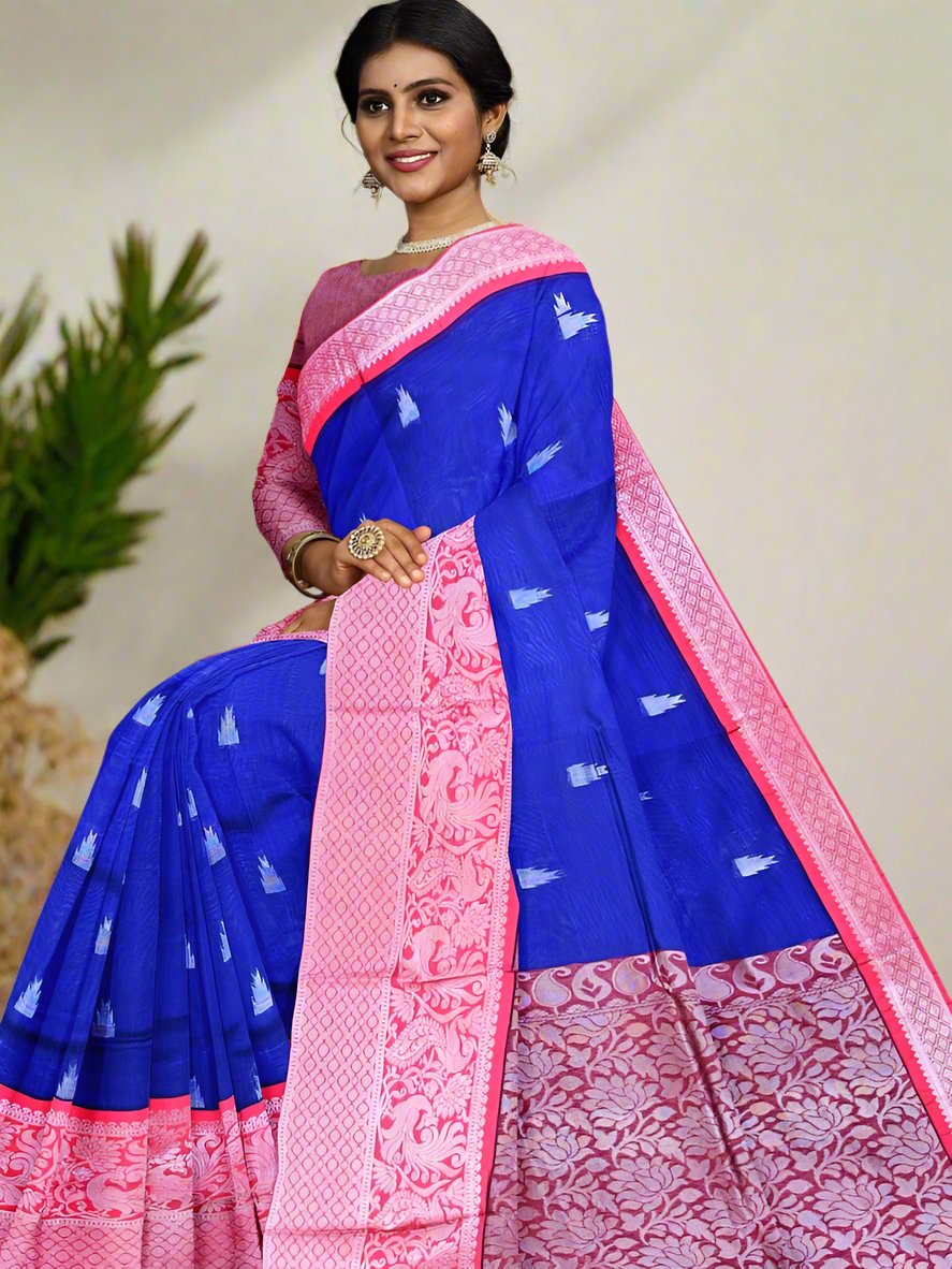 Mangalagiri fancy saree royal blue color allover zari motives & zari border with rich pallu and contrast plain blouse