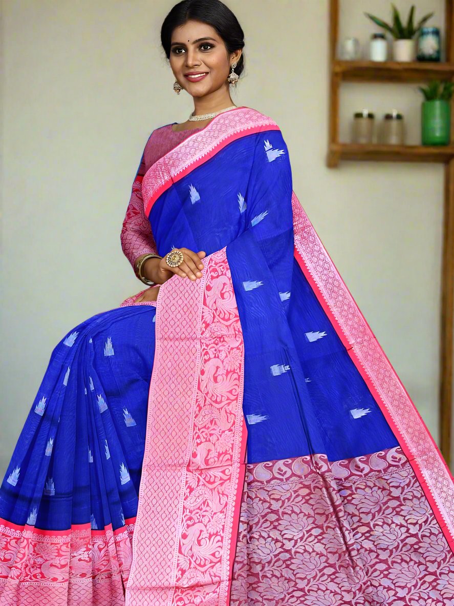 Mangalagiri fancy saree blue color allover zari motives & zari border with rich pallu and contrast plain blouse