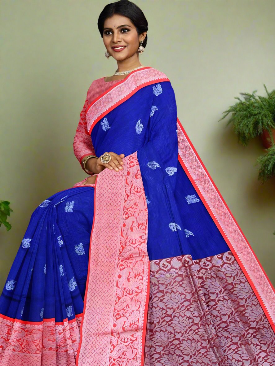 Mangalagiri fancy saree royal blue color allover zari motives & zari border with rich pallu and contrast plain blouse