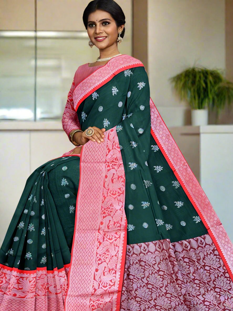 Mangalagiri fancy saree dark green color allover zari motives & zari border with rich pallu and contrast plain blouse