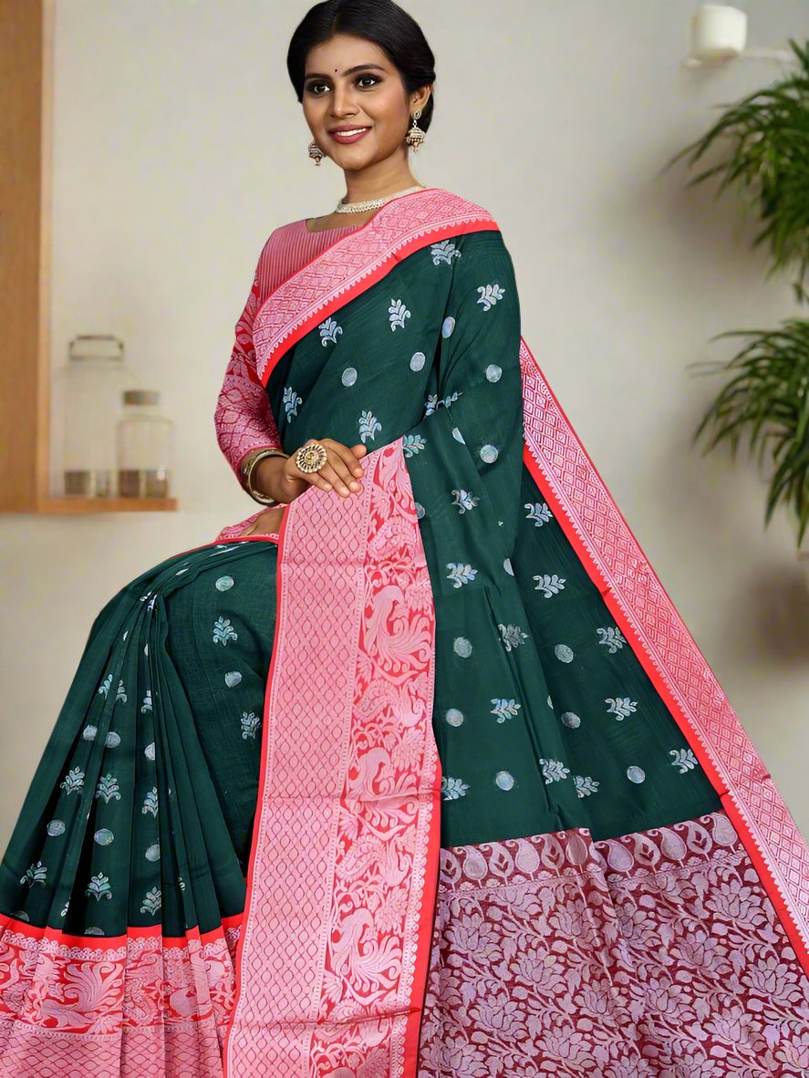 Mangalagiri fancy saree dark green color allover zari motives & zari border with rich pallu and contrast plain blouse