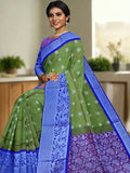 Mangalagiri fancy saree olive green color allover zari motives & zari border with rich pallu and contrast plain blouse