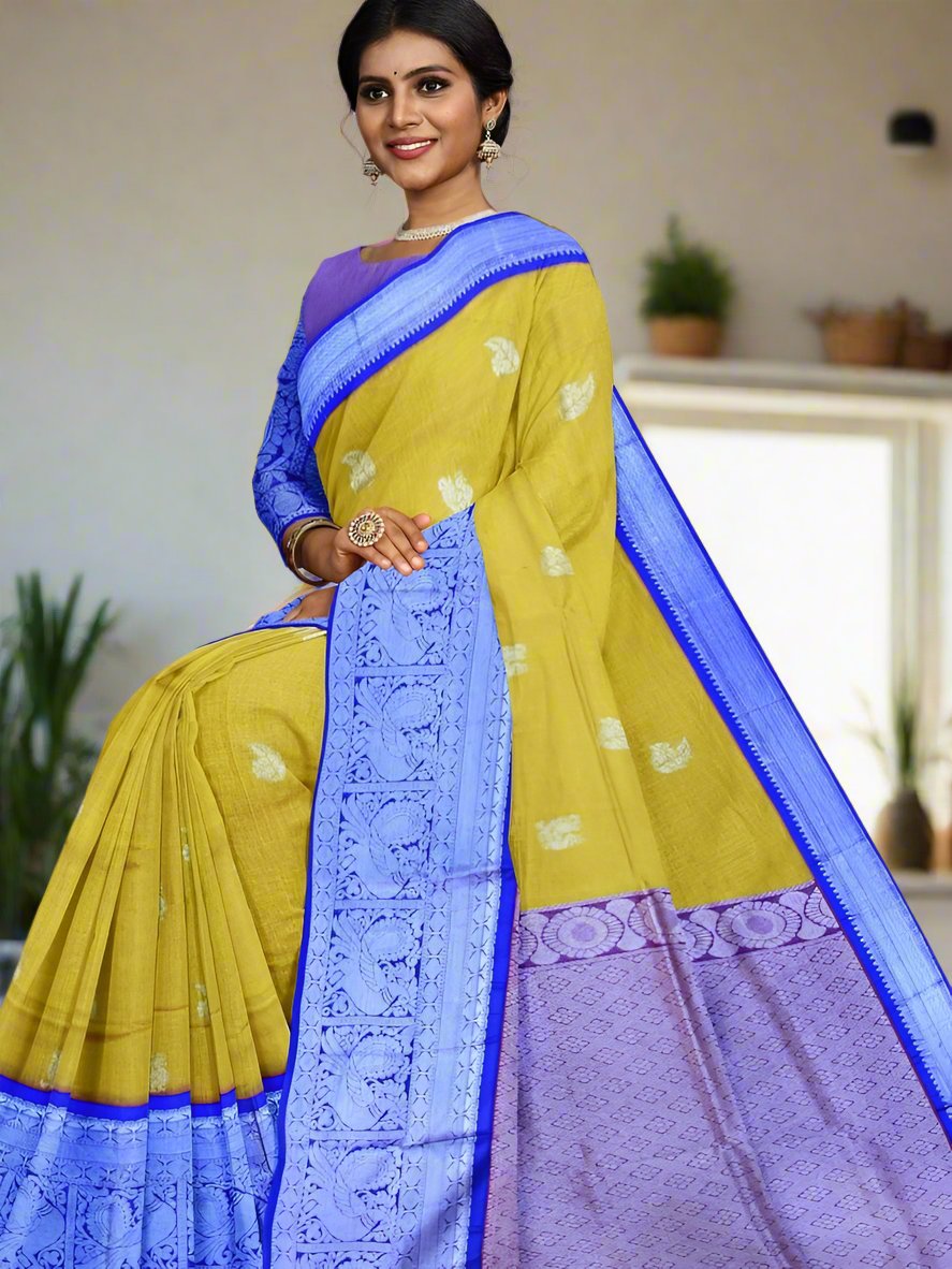 Mangalagiri fancy saree mustard yellow color allover zari motives & zari border with rich pallu and contrast plain blouse