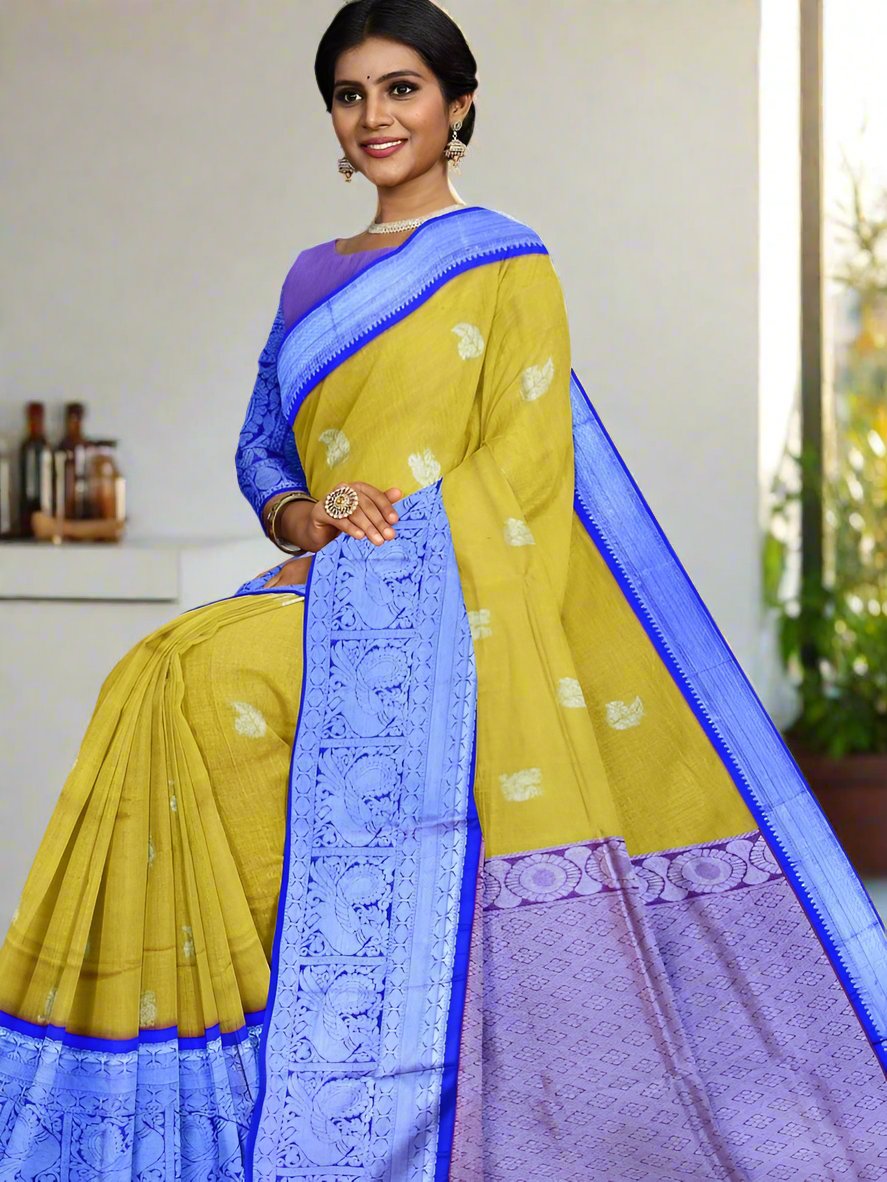 Mangalagiri fancy saree mustard yellow color allover zari motives & zari border with rich pallu and contrast plain blouse