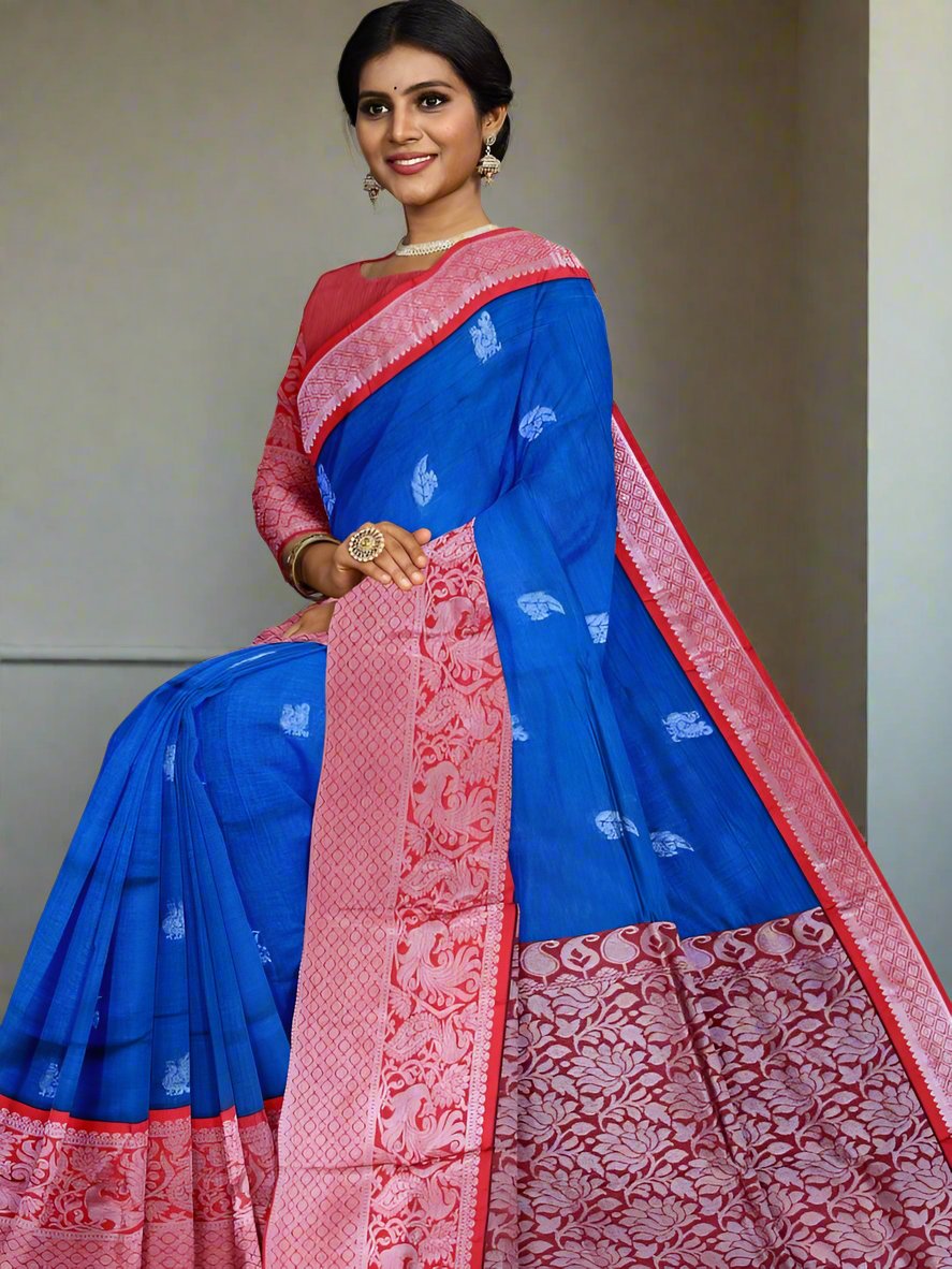 Mangalagiri fancy saree blue color allover zari motives & zari border with rich pallu and contrast plain blouse