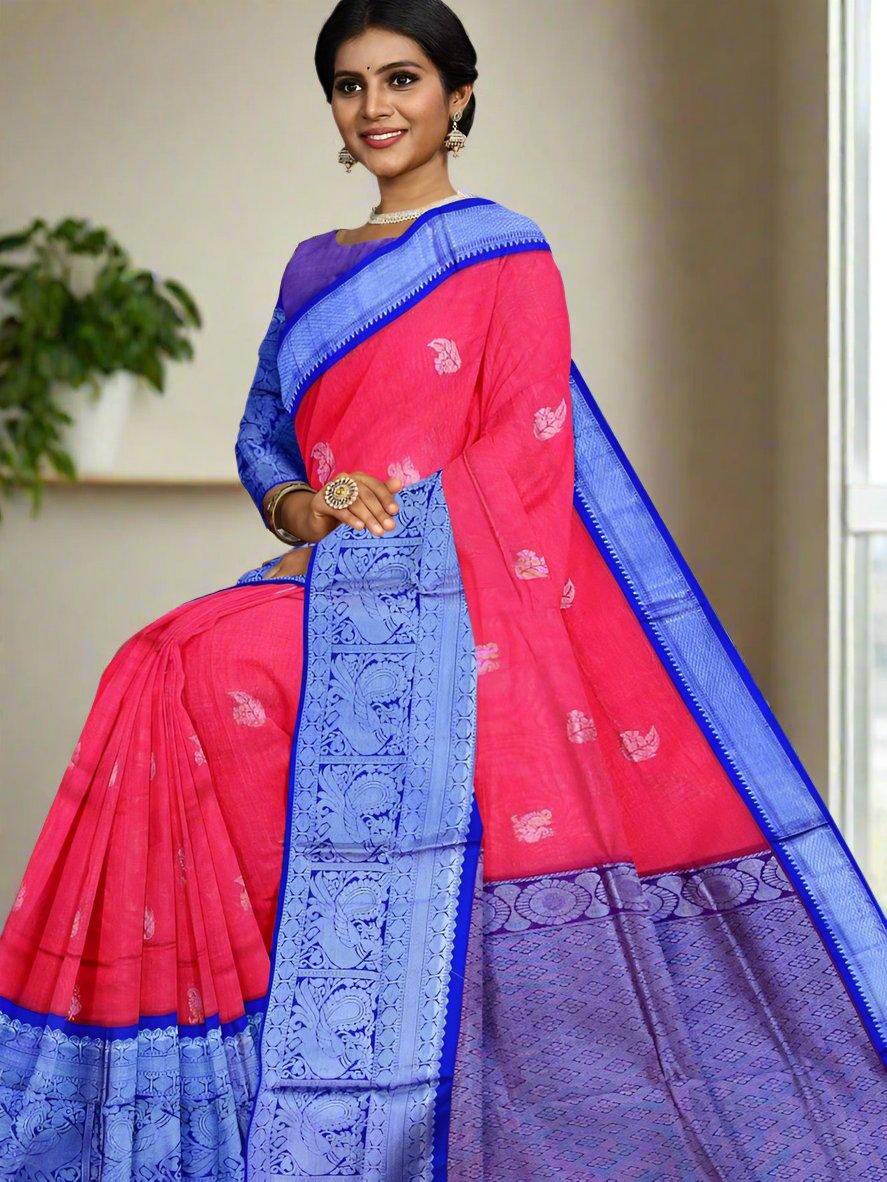 Mangalagiri fancy saree pink color allover zari motives & zari border with rich pallu and contrast plain blouse